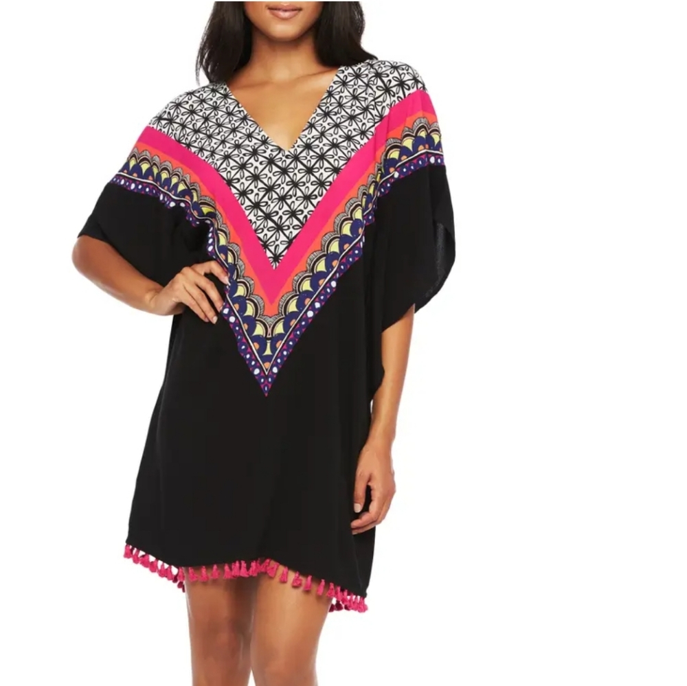 Trina Turk Black Swim Coverup with Pink and White Chevron Print